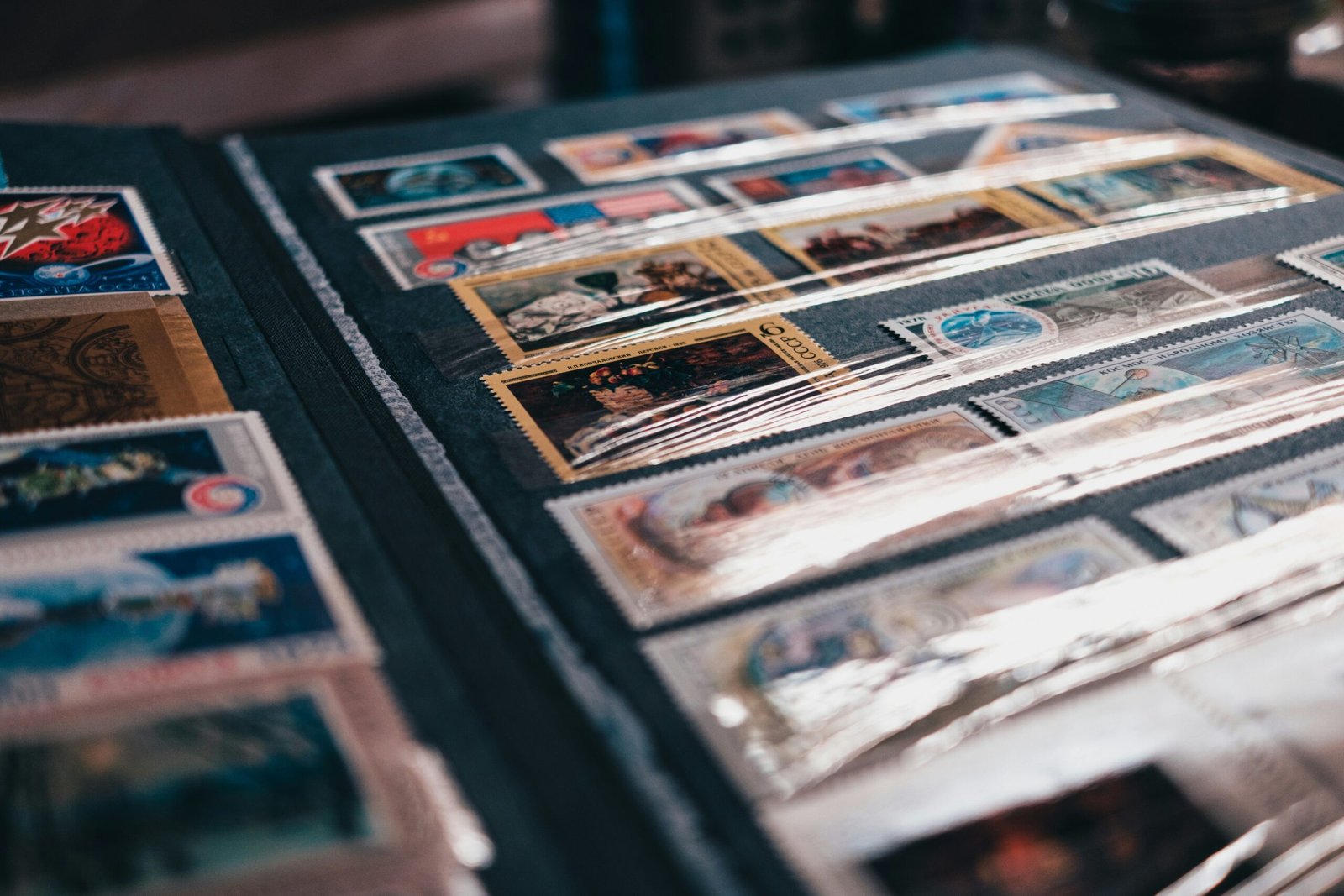 a bunch of stamps are on a table